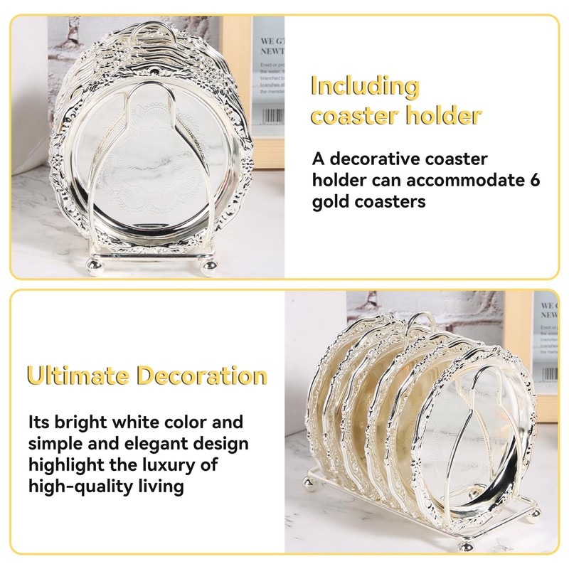 6 Piece Coasters with Holder, 4 Inch Rustic Gold Coaster