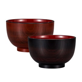 IPPINKA Modern Japanese-Style Lacquerware Bowl - for Katsudon, Udon, Soba Noodles - Wooden Grain - Set of Red and Black
