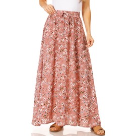Pink Floral Maxi Skirts for Women Long Length Reg & Plus Size Skirts for Women & Teens, Summer Beach Coverup Skirt Aline Flowy Elastic High Waisted Midi Womens Skirts (Large, Pink Floral)