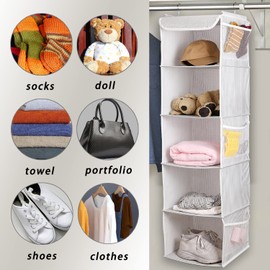 BrilliantJo 5 Shelves Hanging Closet Organizer, 2 Pack Hanging Storage with 6 Side Pockets for Clothes Shoes, 43"x12"x12"(Strip)