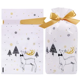 HRX Package 50pcs Plastic Treat Bags with Bows, Drawstring Gift Bags Candy Bags Party Favor Bags for Christmas Goodies Cookies (5.8x9.3x2.4 inch)