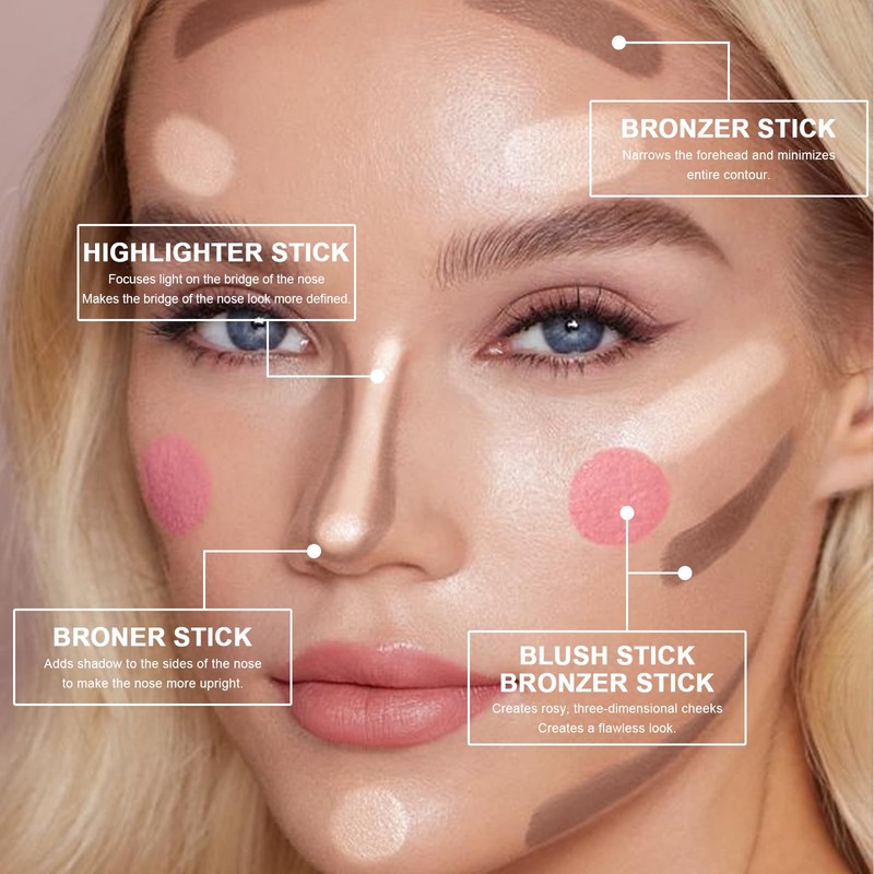 3 Colors Cream Contour Stick, Shades with Highlighter Stick,Blush Stick