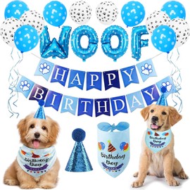 Dog Birthday Party Decoration with Dog Bandana, Dog Birthday Bandana Hat Banner Set, WOOF Balloons Happy Birthday Banner Paw Print Balloons for Pet Decorations (Blue)