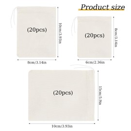 JINXIAN Pack of 60 Spice Bags Tea Bags for Self-Filling Cotton Reusable Spice Bags for Cooking with Drawstring Small Fabric Bags for Tea Coffee Spices (3 Sizes)