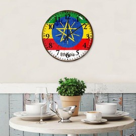Wood Wall Clocks Silent Non-Ticking Large Numbers Battery Operated Ethiopia Retro Wall Clocks Country Flag Patriotic Home Decoration for Workshop Garage Garden 15 Inch