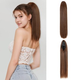 S-noilite Ponytail Extension,12 Inch Long Straight Claw Clip Ponytail Hair Extension Light Brown Synthetic Hairpiece for Women for Daily Use