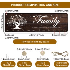 arricraft 1 Pc Wooden Family Birthday Reminder Calendar Board, Family Like Branches on a Tree Birthday Calendar Wall Hanging with 100 Tags Birthday Gifts for Father Mother 4.7x15.7inch(12x40cm)