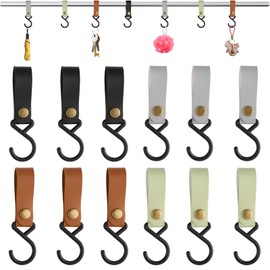 dsDAEDK Pack of 12 S Hooks with Leather Loop, 4 Colours Hooks for Clothes Rail, Leather Hooks, Hooks for Hanging, Multifunctional, Coat Hooks for Wardrobe, Kitchen, Camping