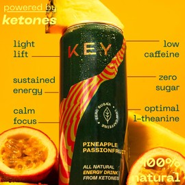 KEY Ketone Drink - Ketones for Energy & Focus, Sugar Free & Low Caffeine from Green Tea with L-Theanine, No Crash or Jitters, All Natural, Lightly Carbonated, Pineapple Passionfruit (Pack of 12)