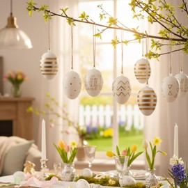 com-four 18 x Easter Eggs for Hanging - Easter Eggs with Pattern White/Gold - Hanging Decoration Made of Plastic for the Easter Bouquet