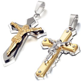 Flongo 2PCS Men's Womens Vintage Stainless Steel Jesus Christ Crucifix Cross Pendant Necklace, 22 inch Chain