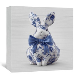 Nitelat Easter Chinoiserie Rabbit Wooden Signs, Grand Millenial Bow Blue Bunny Floral Home Decor Signs, Blue and White Chinoiserie Porcelain Desk Decorations, Farm Rabbit Animal Office Bathroom Decor