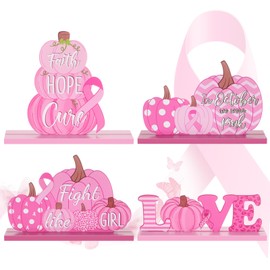 4 Pcs Breast Cancer Awareness Wood Centerpieces Pink Pumpkin Ribbon