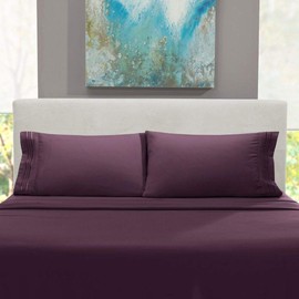 4 Piece 100% Microfiber Sheets Set, Cool & Breathable Deep Pockets Timeless Solid Color Design Plum Purple Sheet Queen Size, Fabric Calm Relaxing Super Soft Cozy Comfy Luxury Bedding Set