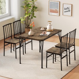 Vipbear Dining Table Set for 4, 1.6" Thick Kitchen Table & Chairs with Wood Top & Metal Legs for Small Spaces, Compact Dining Kitchen Table Set for Apartments, Sturdy & Space-Saving, Brown