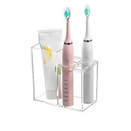 Clear Acrylic Toothbrush Holder, 5 Slots Bathroom Organizer, Countertop Storage Stand with Toothpaste Compartment
