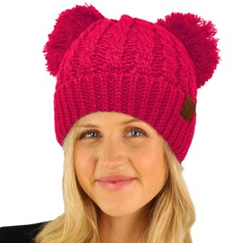 CC Winter Cute 2Pom Pom Ears 2tone Soft Warm Thick Chunky Knit Beanie Hat (Solid Hot Pink)