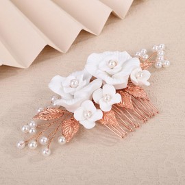 Teyglen Rose Gold Leaf Flower Headpiece with Pearl Wedding Hair Comb Bridal Flower Hair Comb Floral Hair Accessories for Women Wedding Headpiece (Rose gold)