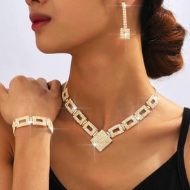 Aukmla Rhinestones Bridal Wedding Jewelry Sets Crystal Necklace Earrings Bracelet Set Prom Formal Jewelry for Women (Gold)