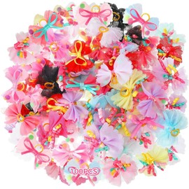 100 Pcs Dog Bows for Small Pets, Mixed Color Polka Dot Pet Hair Bows with Elastic Bands, Fluffy Design in Assorted Styles, Acrylic and Rubber Material, for Dogs Cats Rabbits Daily Grooming Parties