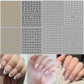 8 Pcs Bow Nail Stickers for Nail Art Bows Nail Decals 3D Self-Adhesive Gold White Silver Black Bow Nail Design Nail Supplies Cute Bows Stickers for Valentine's Day DIY Manicure Nail Decoration
