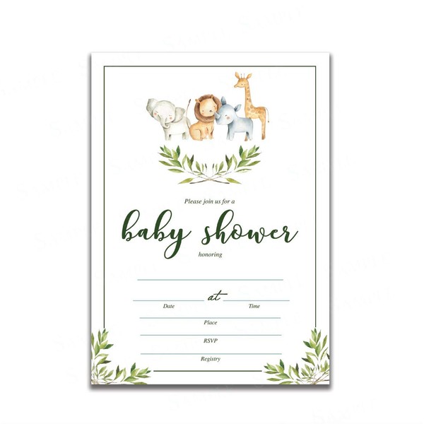 Set of 25 Safari animals baby shower invitations with envelopes. Boy or girl watercolor baby shower party invites featuring greenery, rhino, giraffe, elephant and lion. Simple and elegant theme