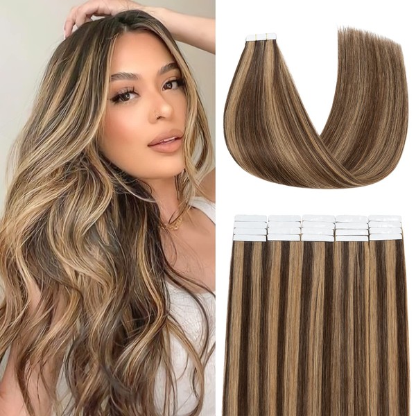 Benehair Tape-In Real Hair Extensions, 20 Pieces, 40 g Hair Extensions Tape, Invisible Tape Extensions, Tape-In Hair Extensions, Silky Soft Hair, 35 cm, Chocolate Brown Mixed Light Brown #4P27