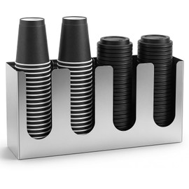 Sawysine Stainless Steel Coffee Cup and Lid Organizer Holder 4 Compartment Cup Dispenser Rack for Cafe Countertop, Office, Restaurant and Kitchen, Silver