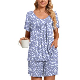TAOHUADAO Womens Summer 2 Piece Pajama Sets, Short Sleeve Pleated Tunic Tops with Comfy Shorts, Lounge Sleepwear Ladies Pjs Sets with Pockets 2XL, Spot Blue