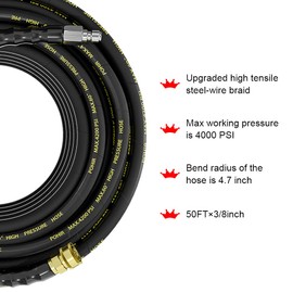 POHIR Pressure Washer Hose 150 FT with 3/8'' Quick Connect, High Tensile Wire Braided Power Washer Hose with 2 Quick Connect Kits, Compatible M22 14mm, Hose for Pressure Washer, 4200 PSI