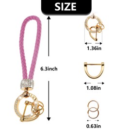 LORYVAN Diamond-Studded Key Chains, Woven Lanyard Hand Wrist Key Chain for Men and Women with Bling Rhinestones Metal Round Clip Strap Compatible with All Car Keys Family Keys (Pink)
