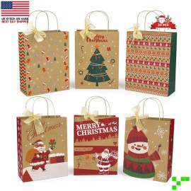 Klean & Nice 24 Pcs Christmas Gift Bags 6 Assorted Kraft Paper Holiday Party Favor Wrapping