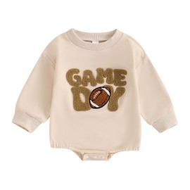 ZAXARRA Newborn Baby Boy Girl Fall Outfit Letter Football Print Embroidery Romper Long Sleeve Pullover Sweatshirt Jumpsuit (Khaki, 3-6 Months)