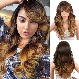 KRSI Ombre Blonde Synthetic Wigs for Black Women Long Natural Wavy Full Synthetic Hair Wigs For Women Side Parting With Bangs Heat Friendly Replacement Wigs 24 Inches Honey