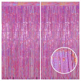 Pink Foil Curtains Photo Backdrop Birthday Decorations, Melsan 3.2x8 ft Metallic Curtains for Girl Princess Birthday Party Decorations, Pack of 2