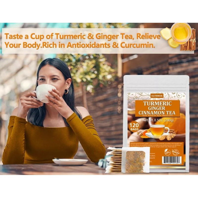 ULTHMOK Turmeric Ginger Cinnamon Tea 120Bags No Additive Support Brain