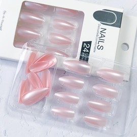 Press on Nails Almond Medium White Pink Fake Nails with Designs Summer Nails Press Ons Glitter Nail Tips Elegant False Nails Medium Acrylic Artificial Glue Stick on Nails for Women DIY Manicure 24PCS