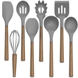 Silicone Kitchen Cooking Utensil Set, 9Pcs Kitchen Utensils Spatula Set with Wooden Handle for Nonstick Cookware, 446°F Heat Resistant Silicone Kitchen Gadgets Utensil Set with Large Holder（Grey）