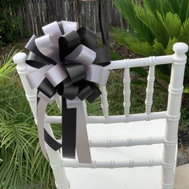 Black & Silver Pull Bows with Tails - 8" Wide, Set of 6, Wedding Pew Bows, Christmas, Reception, Anniversary, Aisle Decor, Decoration, Office, Classroom, Fundraiser, Wreath, Swag