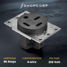 60 Amp 3 Phase 250V Power Flush Receptacle Outlet, NEMA 15-60R, Black, Straight Blade, Industrial Grade, Grounding, ETL Listed