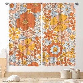 Cortinas retro de los años 70, cortinas florales para ventana, diseño de flores naranjas, estéticas, bohemias, trippy, opacas, para recámara, sala de estar, cocina, 2 paneles, 42 x 63 pulgadas
