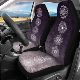 DBBXHZJY 14 Pcs Art Mandala Car Seat Covers Full Set Car Steering Wheel Cover,Seat Belt Covers Cup Holder with Keychain,Novelty Design Gradient Color Automotive Protector Set Unverisal Fit,Purple