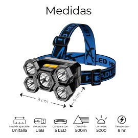 3pz Lampara Minera Potente Linterna 5000lm 5 Led Recargable Linterna Negro/Gris
