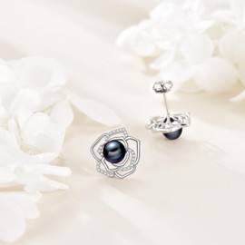 HOPEEZZ Black Pearl Earrings for Women Sterling Silver Rose Stud Earrings Black Pearl Jewelry Gift for Women (black pearl-rose)