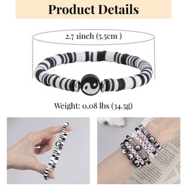 Bohemian Beaded Bracelets for Women YinYang Surfer Heishi Clay Stackable Letter Stretch Bracelets Summer Beach Disc Layering Friendship Bracelets Gift Best Friends Boho Jewelry for Her, Black and White
