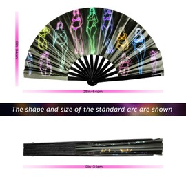 TRENDBOX Large Folding Hand Fan, UV Glow Fan for Rave, Festival Folding Hand Fan for Women Men with Velvet Bag for Decorations, Party, Dance and Music Festival - Body shape sketch