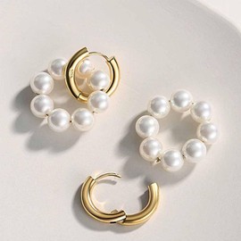 Pearl Huggie Earrings for Women Imitation Pearl Dangle Earrings Double Round Circle Hoop Earrings Sunmmer Beach Jewelry Gifts, Copper, No Gemstone