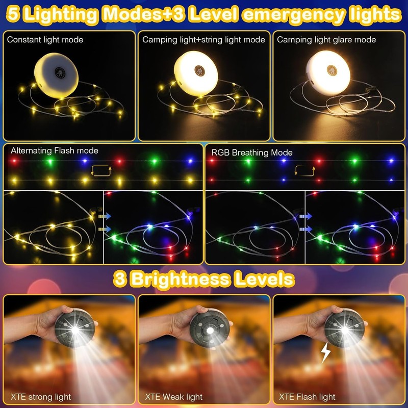 Camping String Lights, Rechargeable Tent Lights String with 8 Lighting