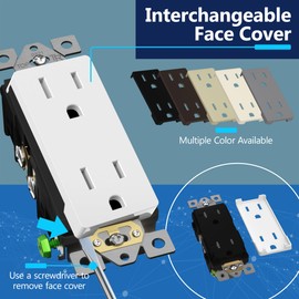 LIDER Matte Finish Decorator Receptacle with Interchangeable Face Cover, Child Safe Tamper-Resistant Wall Outlet, Residential Grade, Self-Grounding, 15A 125V, UL Listed, LR15-TR-W5P, White, 5 Pack