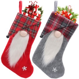 2pcs Faceless Bell Christmas Stocking,Gnome Stocking Gifts Bag,Christmas Tree Hanging Decorations,Red And White Buffalo Plaid Stockings Bag,Faceless Old Man Christmas Candy Bag,Home Decorations